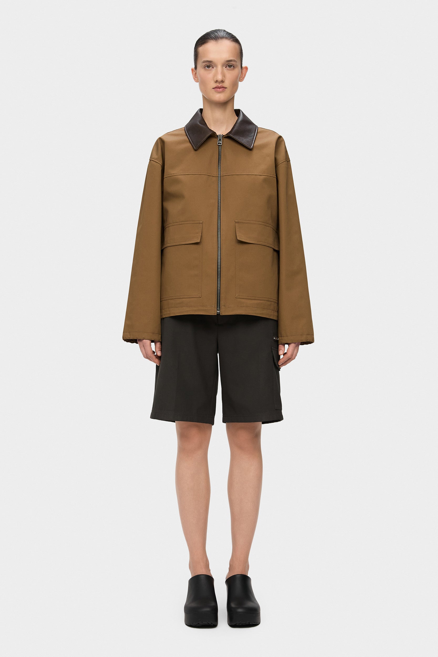 PADDED ADEL ELONGATED JACKET WITH LEATHER COLLAR IN BROWN