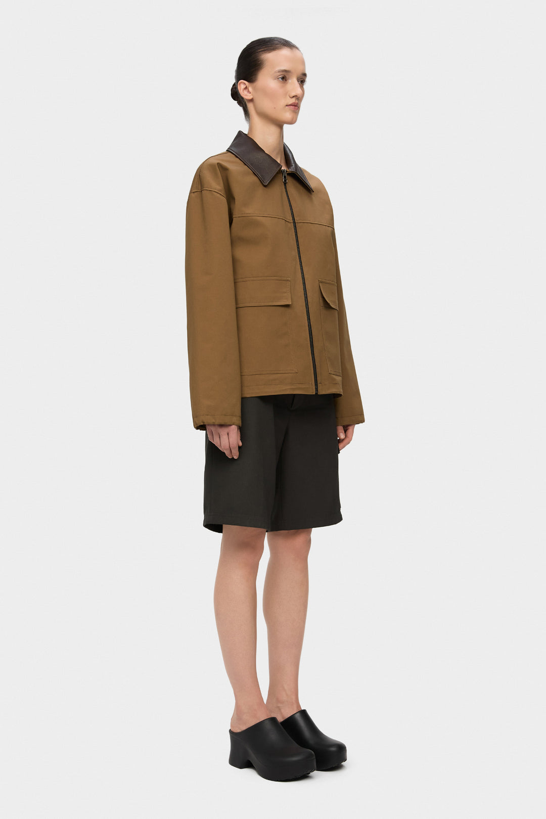 ADEL ELONGATED JACKET WITH LEATHER COLLAR IN BROWN