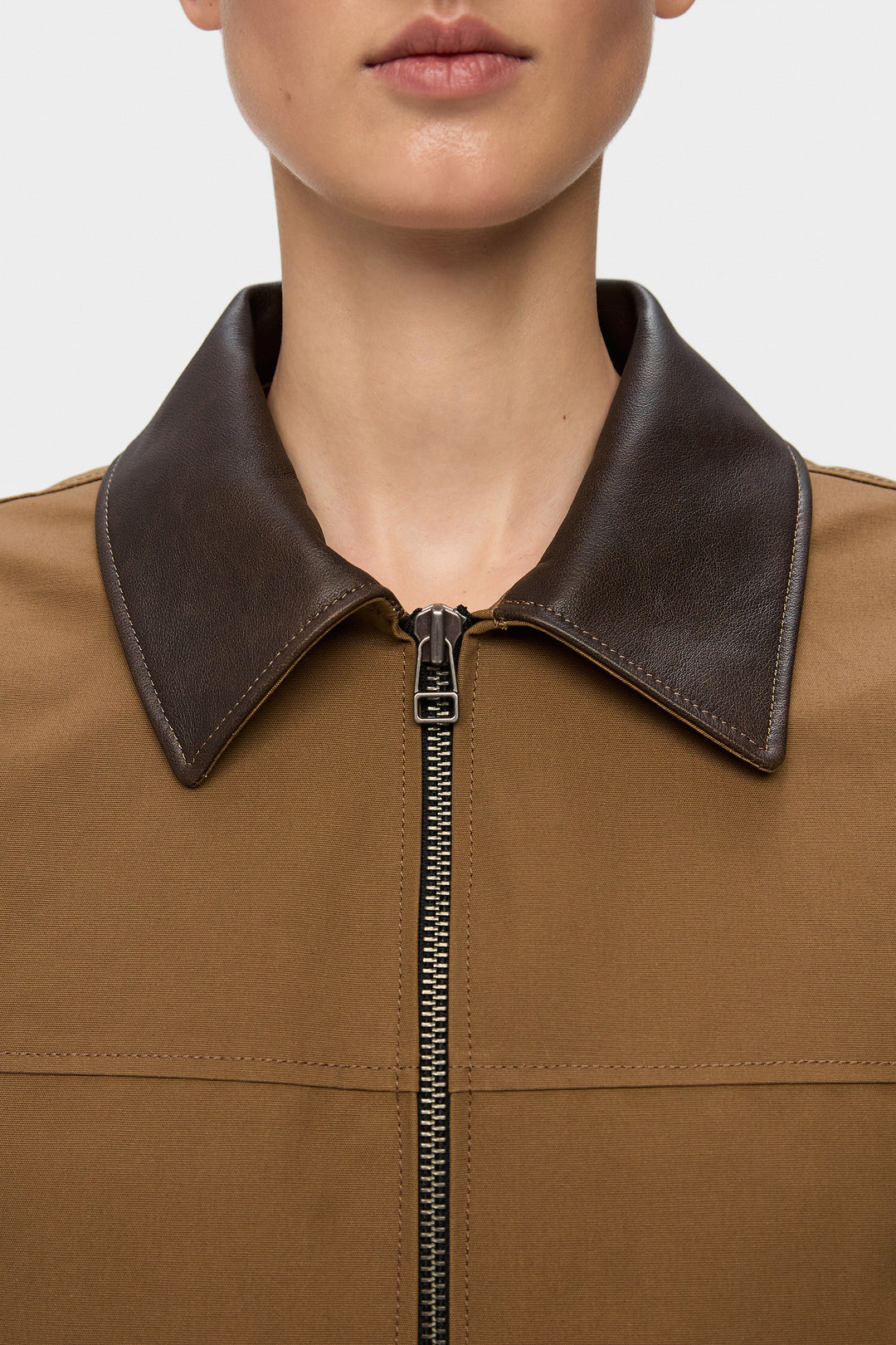 ADEL ELONGATED JACKET WITH LEATHER COLLAR IN BROWN