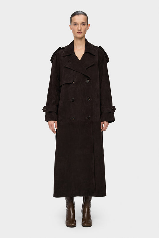 HAZEL SUEDE TRENCH COAT IN DARK BROWN