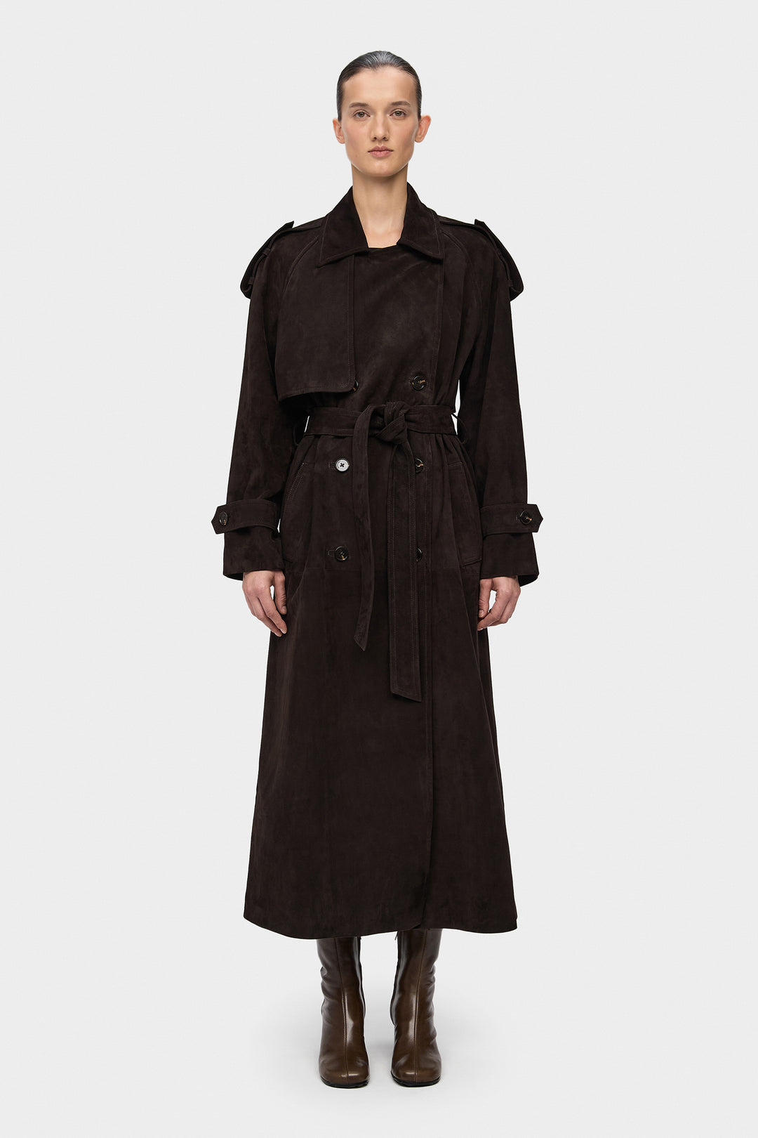 HAZEL SUEDE TRENCH COAT IN DARK BROWN