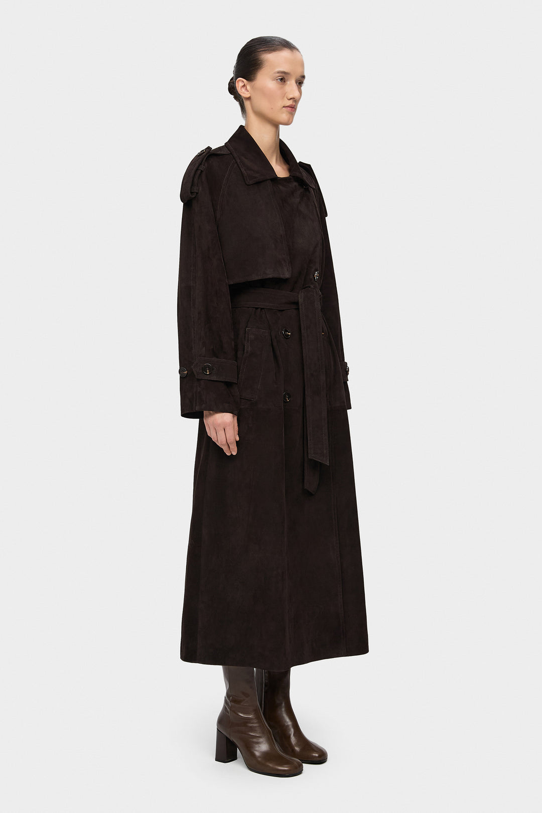 HAZEL SUEDE TRENCH COAT IN DARK BROWN