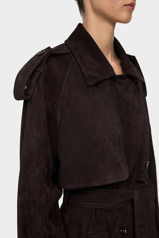 HAZEL SUEDE TRENCH COAT IN DARK BROWN