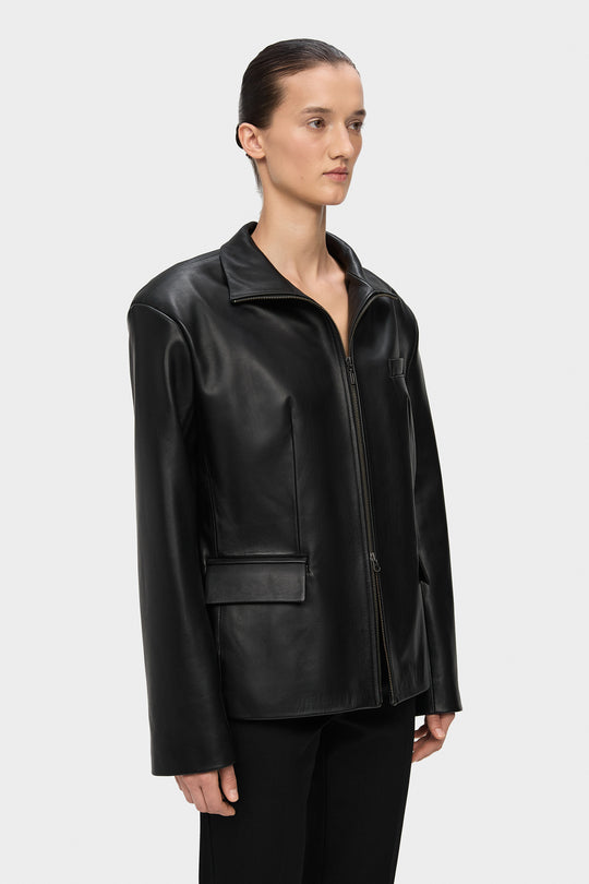 WAYNE LEATHER BLAZER JACKET WITH ZIPPER IN BLACK