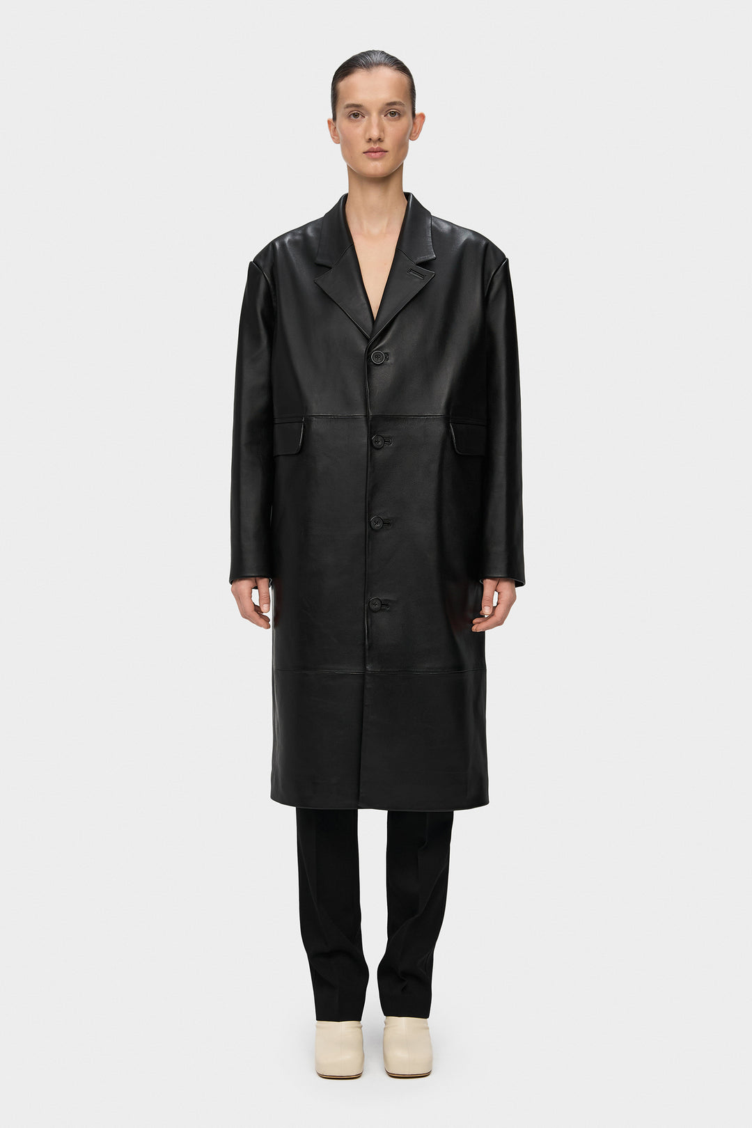 AMBITION OVERSIZED BELTED LEATHER COAT IN BLACK