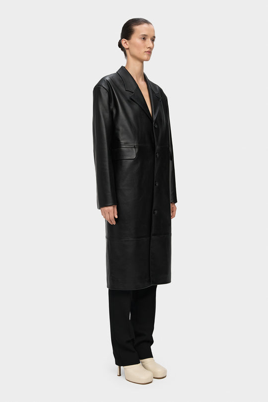 AMBITION OVERSIZED BELTED LEATHER COAT IN BLACK