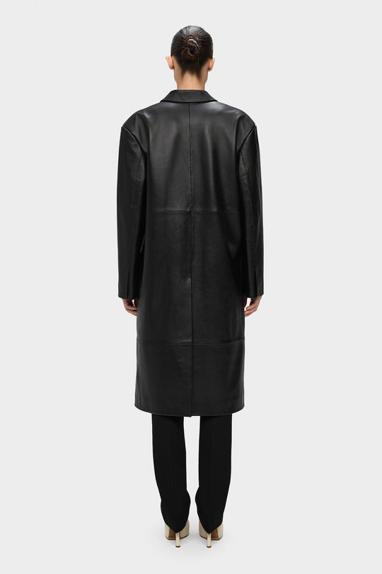 AMBITION OVERSIZED BELTED LEATHER COAT IN BLACK