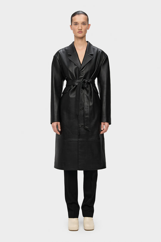 AMBITION OVERSIZED BELTED LEATHER COAT IN BLACK