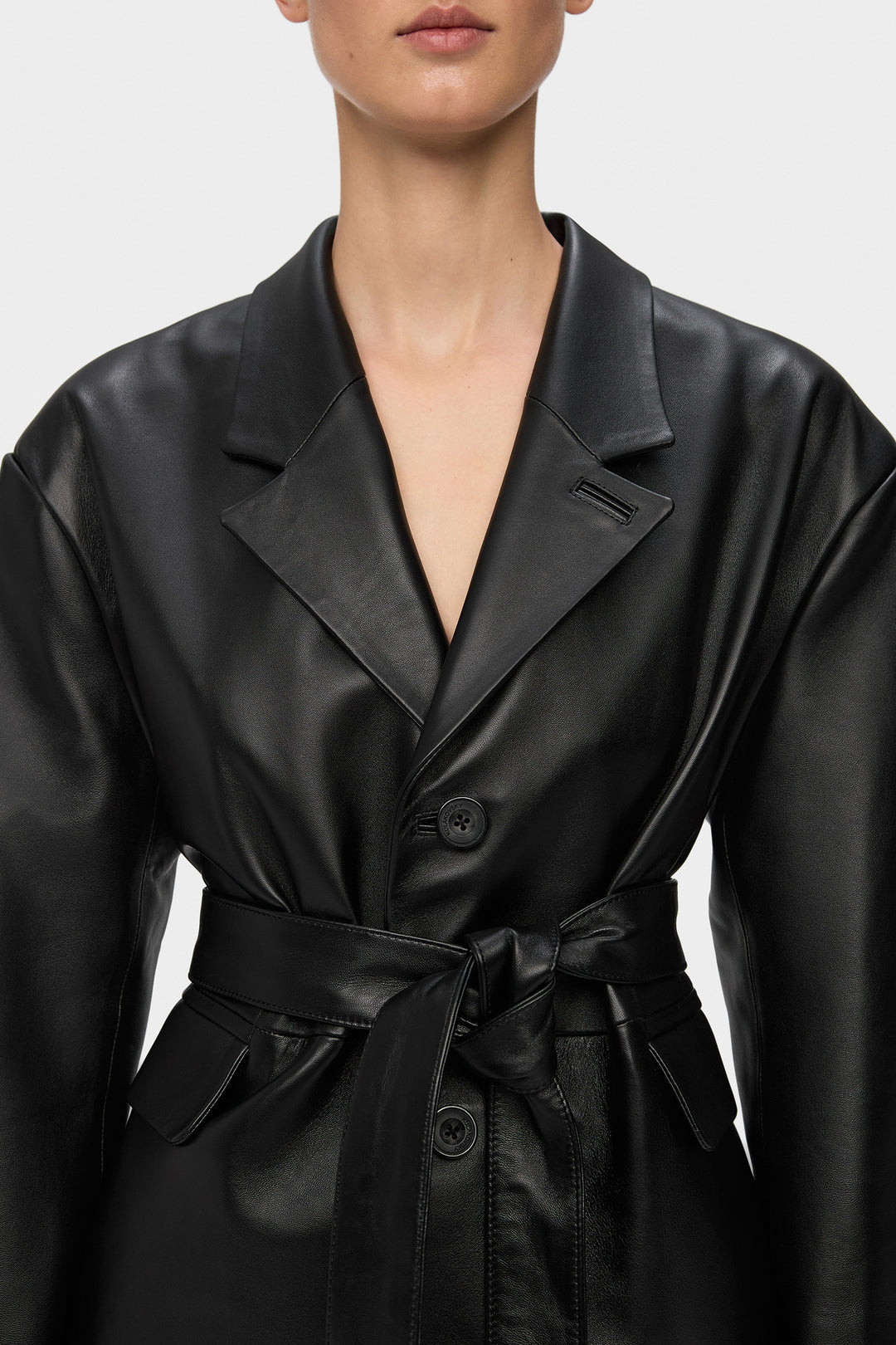 AMBITION OVERSIZED BELTED LEATHER COAT IN BLACK