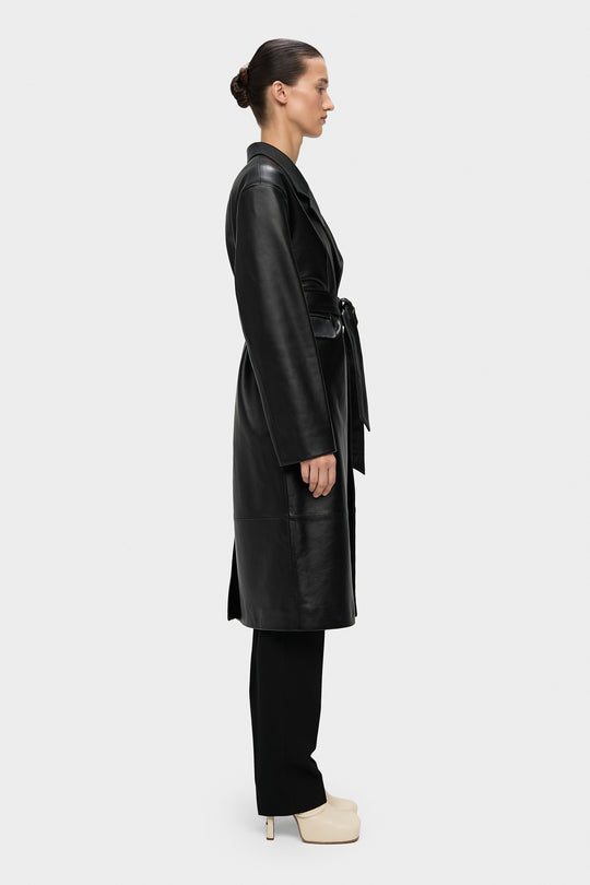 AMBITION OVERSIZED BELTED LEATHER COAT IN BLACK