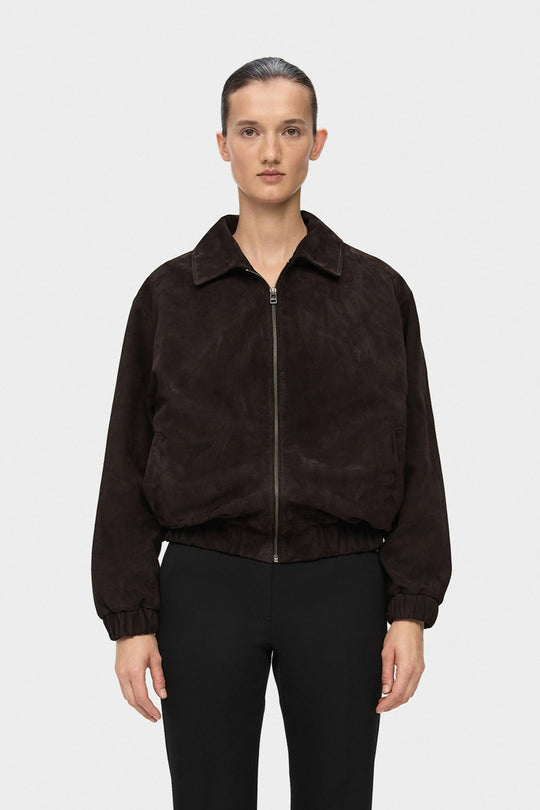 SAM PLAIN SUEDE BOMBER JACKET IN DARK BROWN