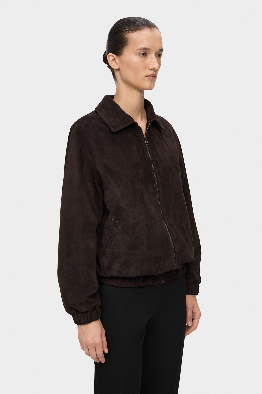 SAM PLAIN SUEDE BOMBER JACKET IN DARK BROWN