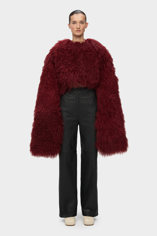 HANNAH SHEARLING CAPE COAT IN BORDO