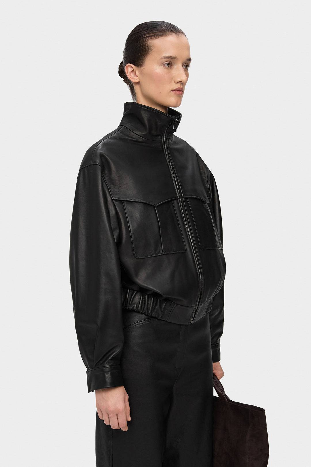 RACHEL LEATHER BOMBER JACKET IN BLACK