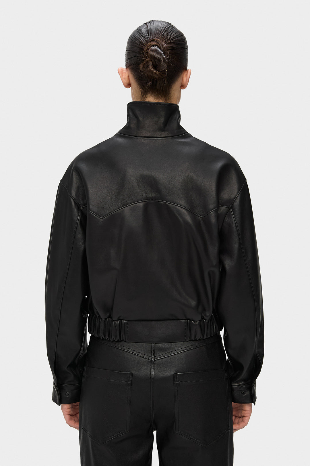 RACHEL LEATHER BOMBER JACKET IN BLACK