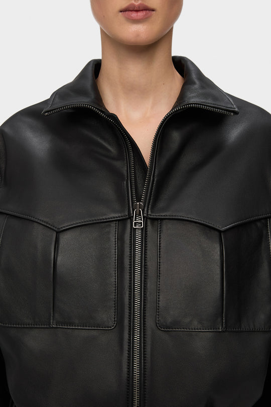 RACHEL LEATHER BOMBER JACKET IN BLACK