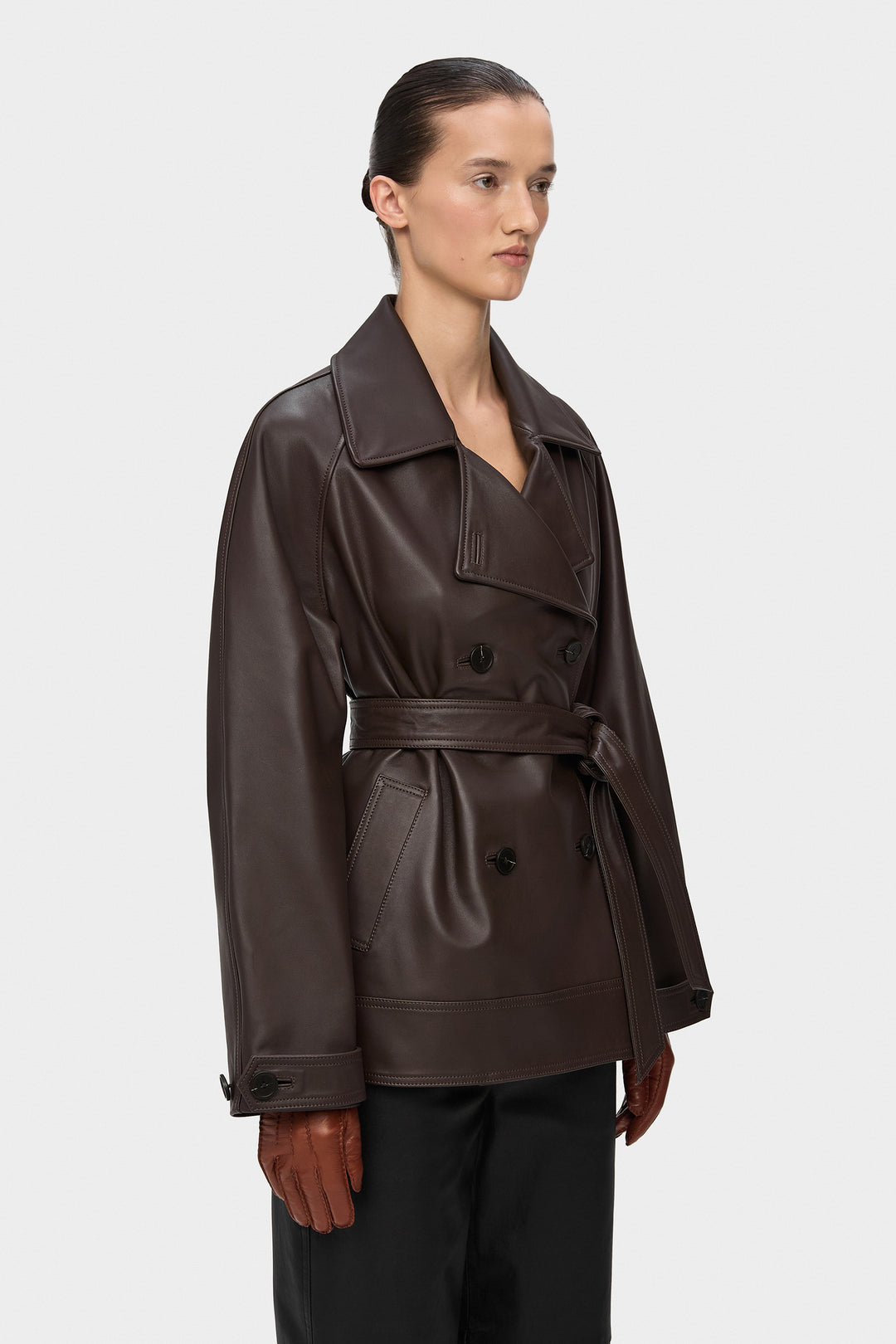 TERRY DOUBLE BREASTED ELONGATED LEATHER JACKET WITH BELT IN BROWN