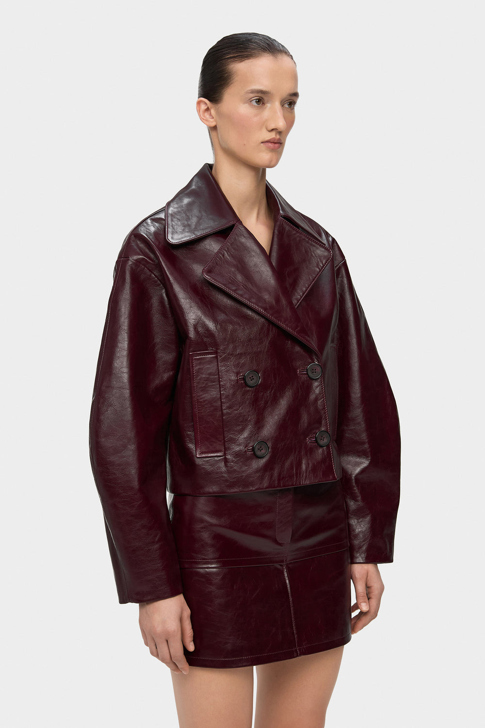 BRIANA DOUBLE BREASTED CROPPED LEATHER JACKET IN MERLOT