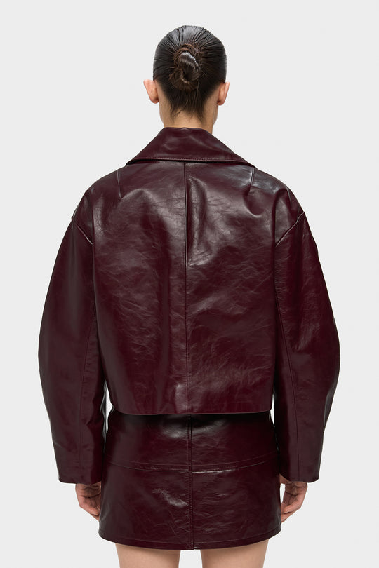 BRIANA DOUBLE BREASTED CROPPED LEATHER JACKET IN MERLOT