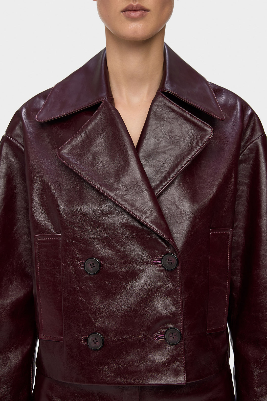 BRIANA DOUBLE BREASTED CROPPED LEATHER JACKET IN MERLOT