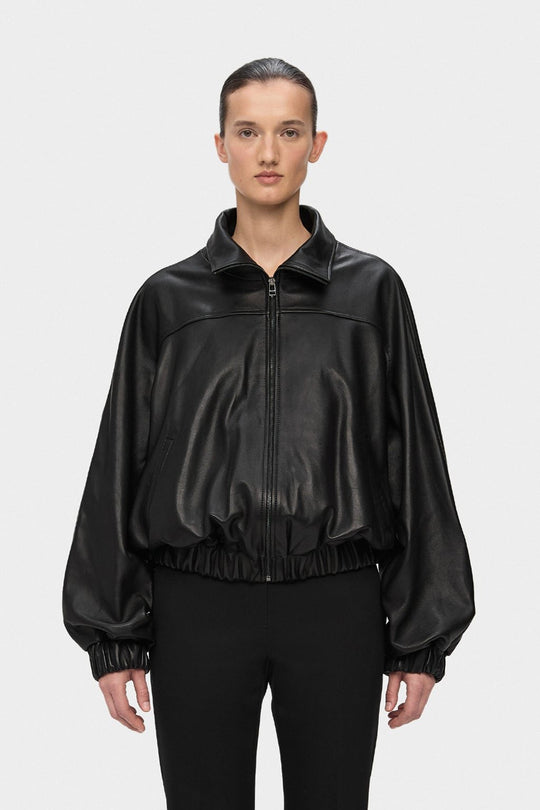 BLAIR LEATHER BOMBER JACKET WITH EXTRA WIDE SLEEVES IN BLACK