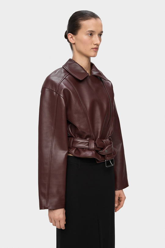 THICK LEATHER BIKER JACKET IN BORDO