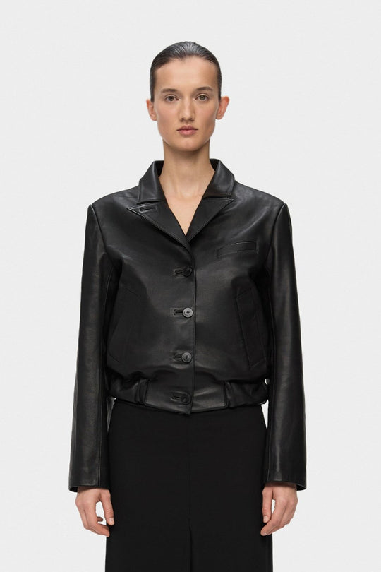 JEFFREY LEATHER BLAZER BOMBER JACKET IN BLACK