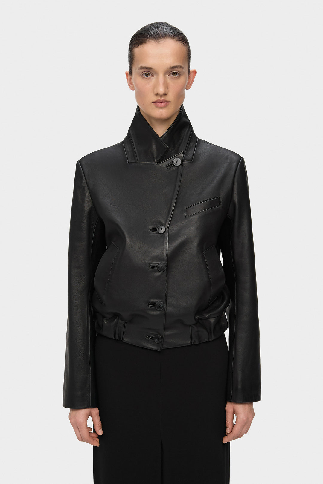 JEFFREY LEATHER BLAZER BOMBER JACKET IN BLACK