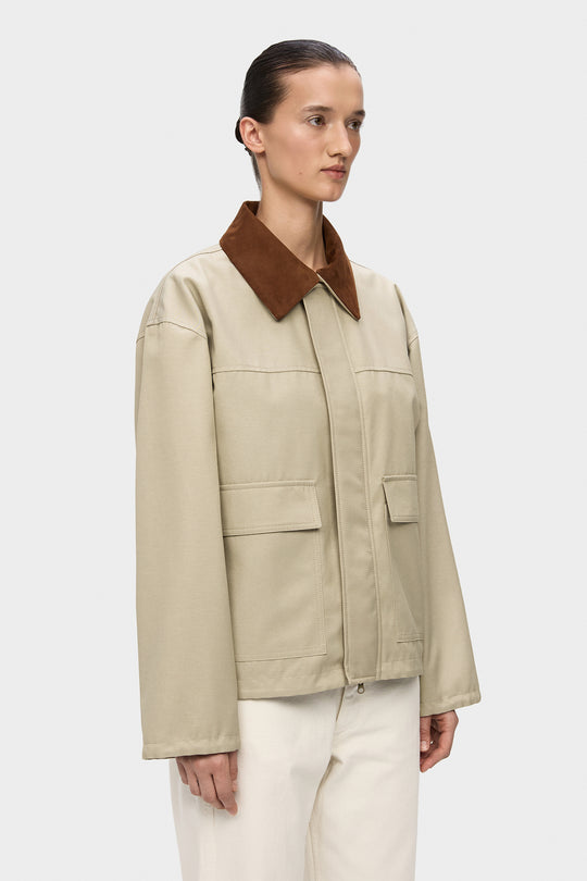 ADEL ELONGATED JACKET WITH REMOVABLE SUEDE COLLAR IN BEIGE