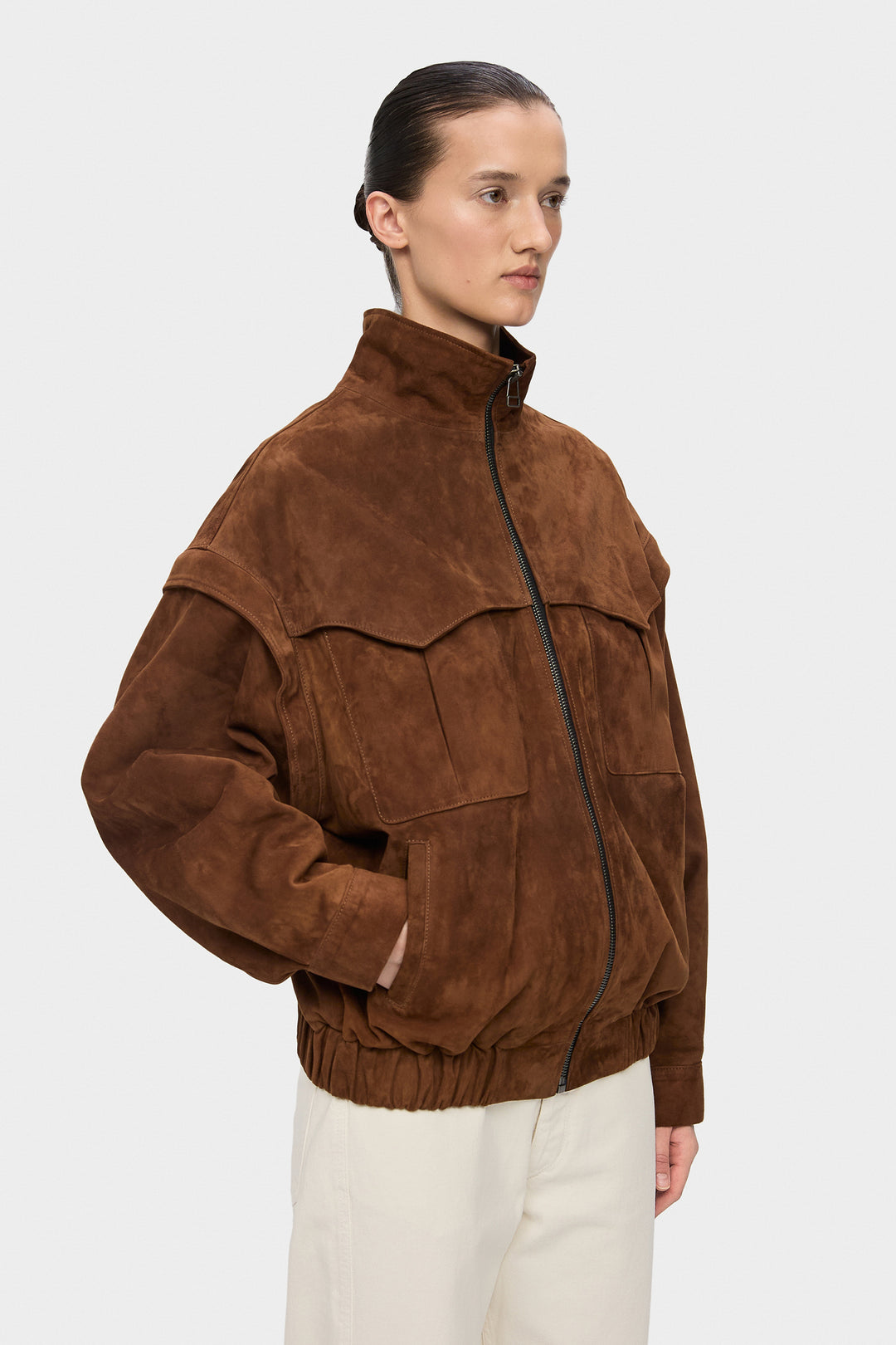 RACHEL ELONGATED TRANSFORMABLE SUEDE BOMBER JACKET IN BROWN