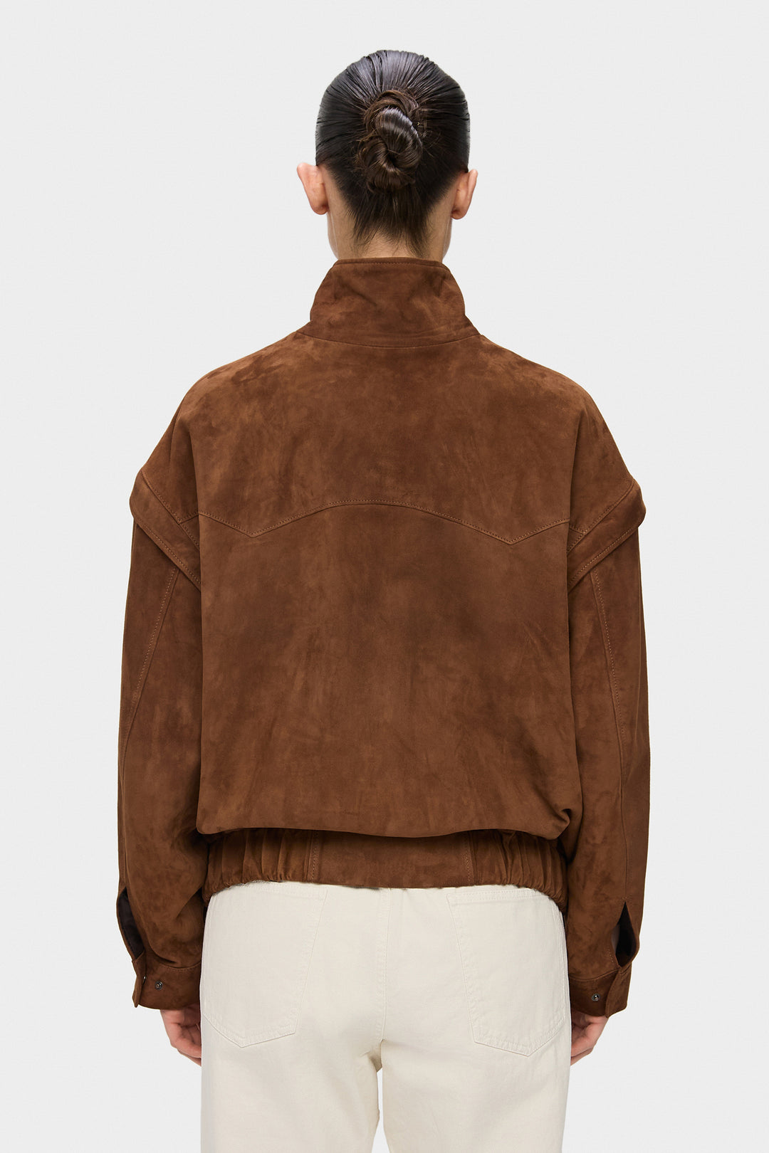 RACHEL ELONGATED TRANSFORMABLE SUEDE BOMBER JACKET IN BROWN