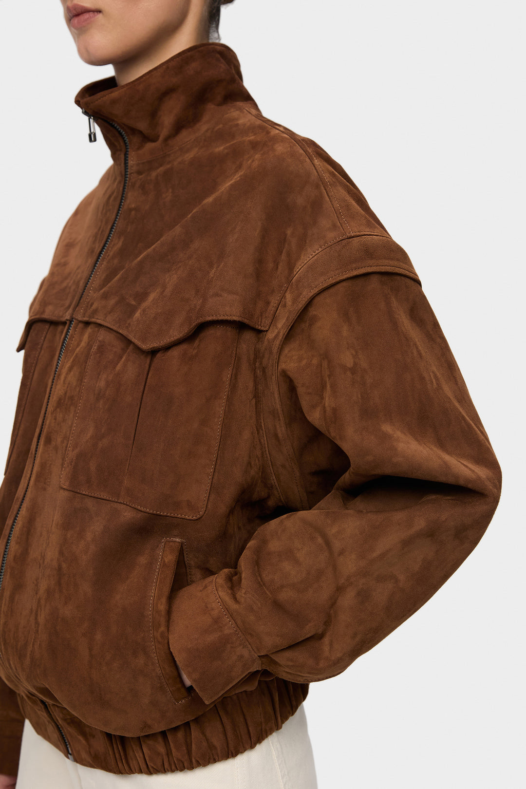 RACHEL ELONGATED TRANSFORMABLE SUEDE BOMBER JACKET IN BROWN