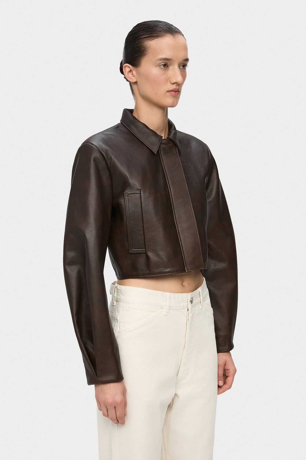 IRIS CROPPED LEATHER JACKET IN VINTAGE BROWN