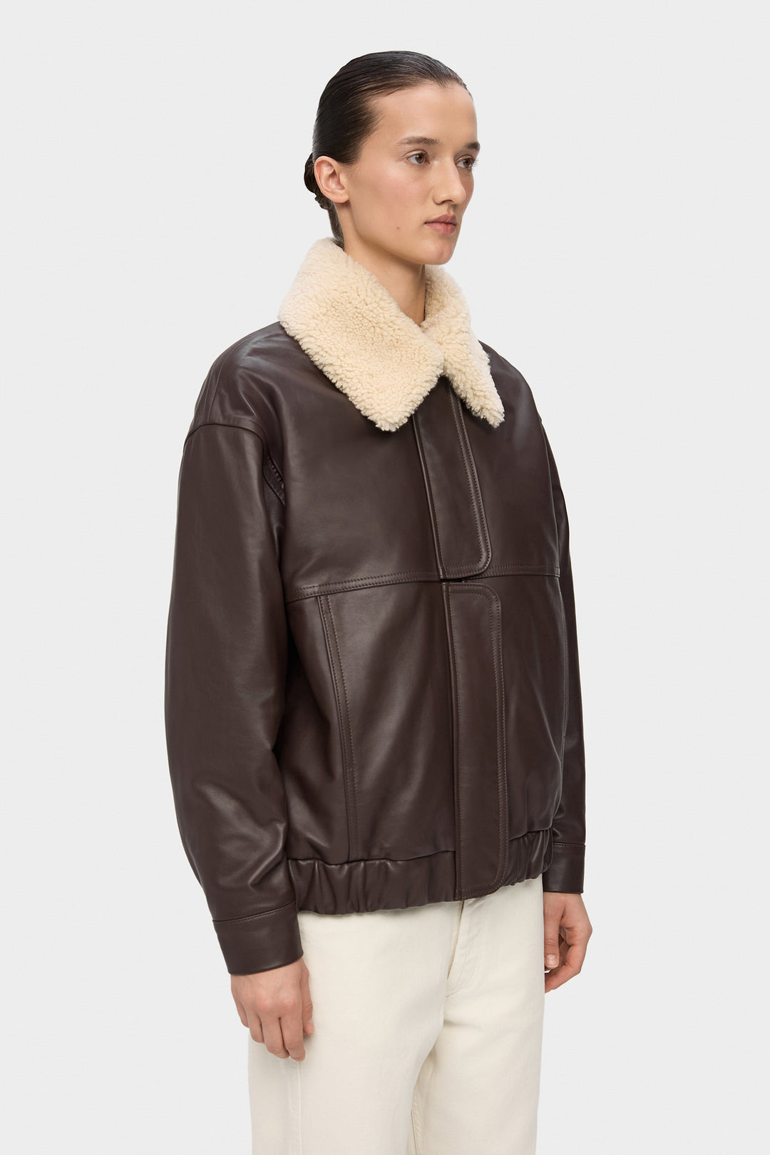 AFFECTION LEATHER BOMBER JACKET IN CHOCOLATE BROWN