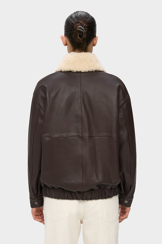 AFFECTION LEATHER BOMBER JACKET IN CHOCOLATE BROWN