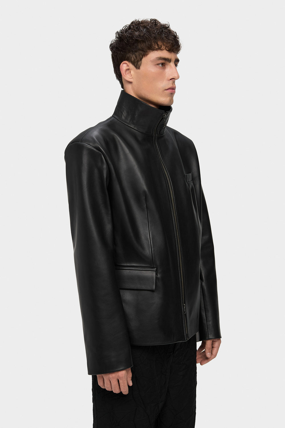 WAYNE LEATHER BLAZER JACKET WITH ZIPPER IN BLACK