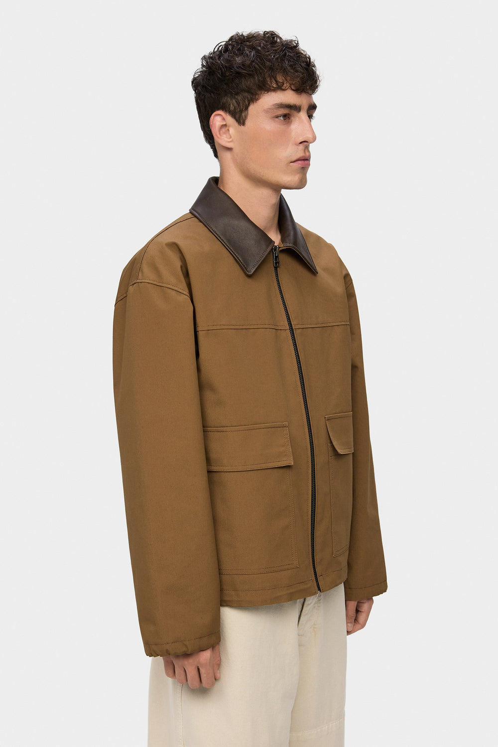 ADEL ELONGATED JACKET WITH LEATHER COLLAR IN BROWN