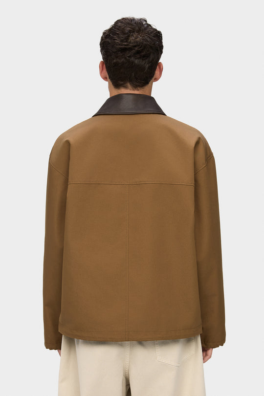 ADEL ELONGATED JACKET WITH LEATHER COLLAR IN BROWN