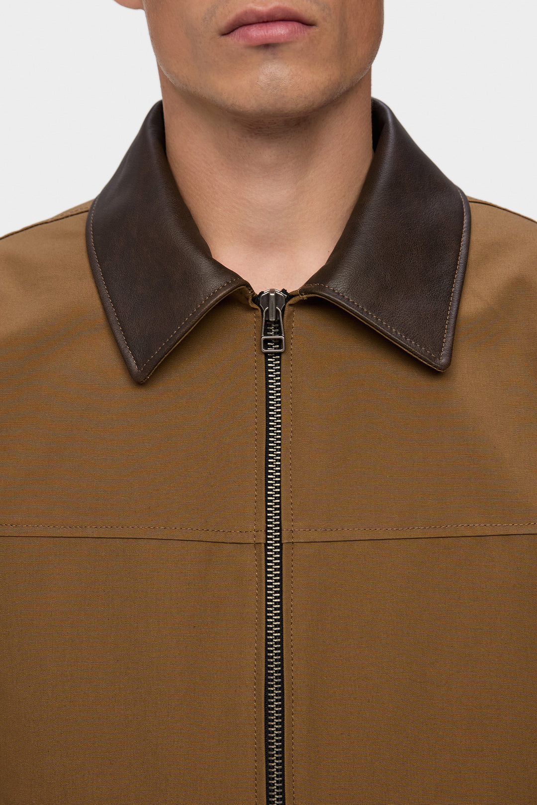 ADEL ELONGATED JACKET WITH LEATHER COLLAR IN BROWN