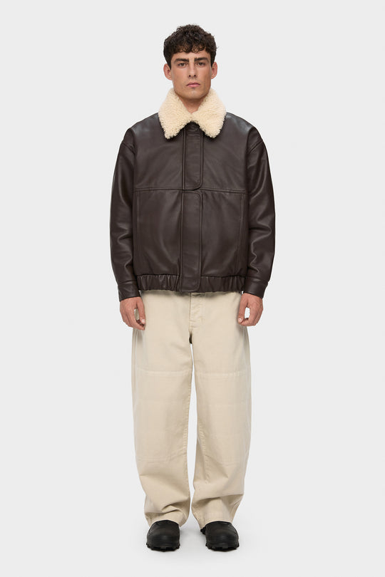 AFFECTION LEATHER BOMBER JACKET IN CHOCOLATE BROWN