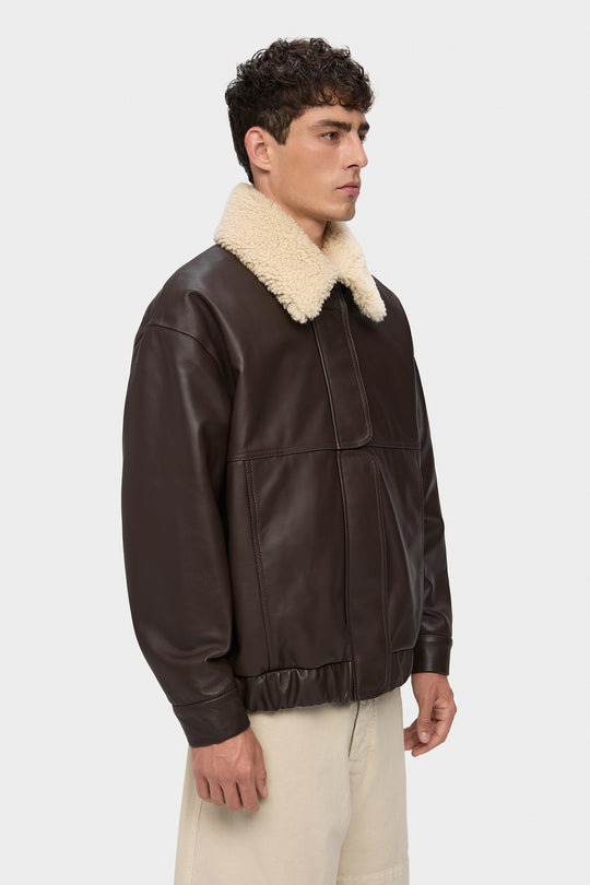 AFFECTION LEATHER BOMBER JACKET IN CHOCOLATE BROWN