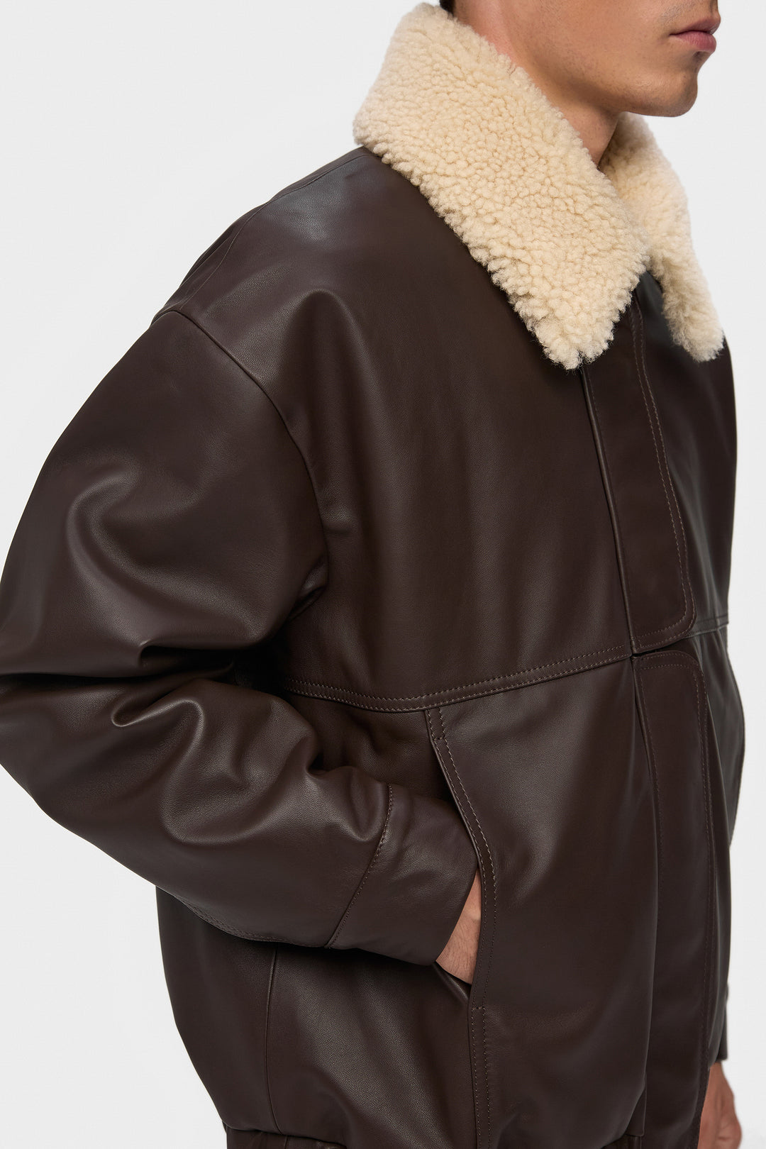 AFFECTION LEATHER BOMBER JACKET IN CHOCOLATE BROWN