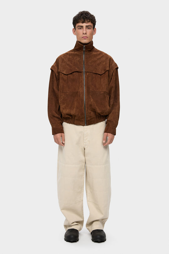 RACHEL ELONGATED TRANSFORMABLE SUEDE BOMBER JACKET IN WHISKEY BROWN