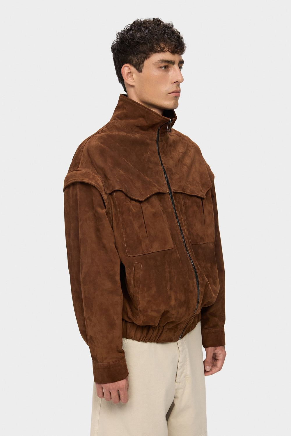 RACHEL ELONGATED TRANSFORMABLE SUEDE BOMBER JACKET IN WHISKEY BROWN