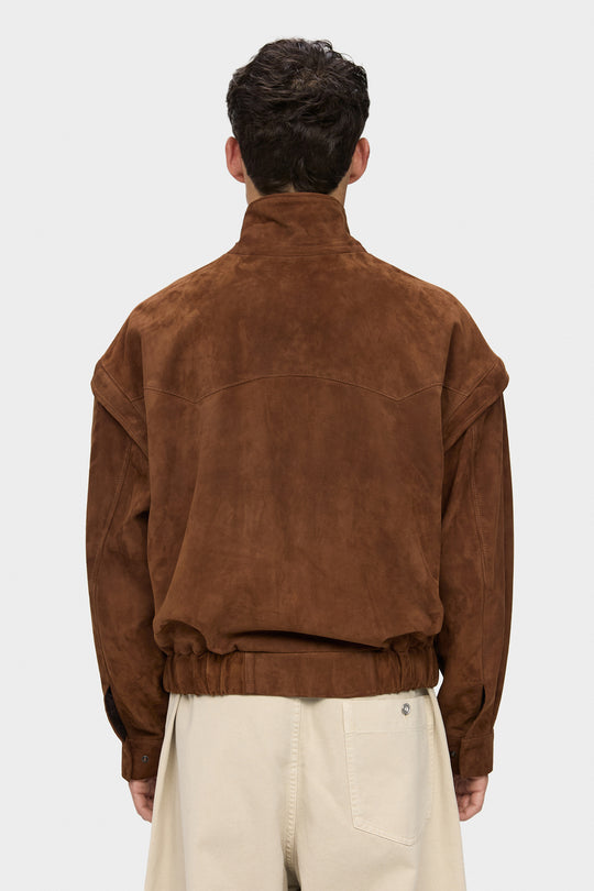 RACHEL ELONGATED TRANSFORMABLE SUEDE BOMBER JACKET IN WHISKEY BROWN