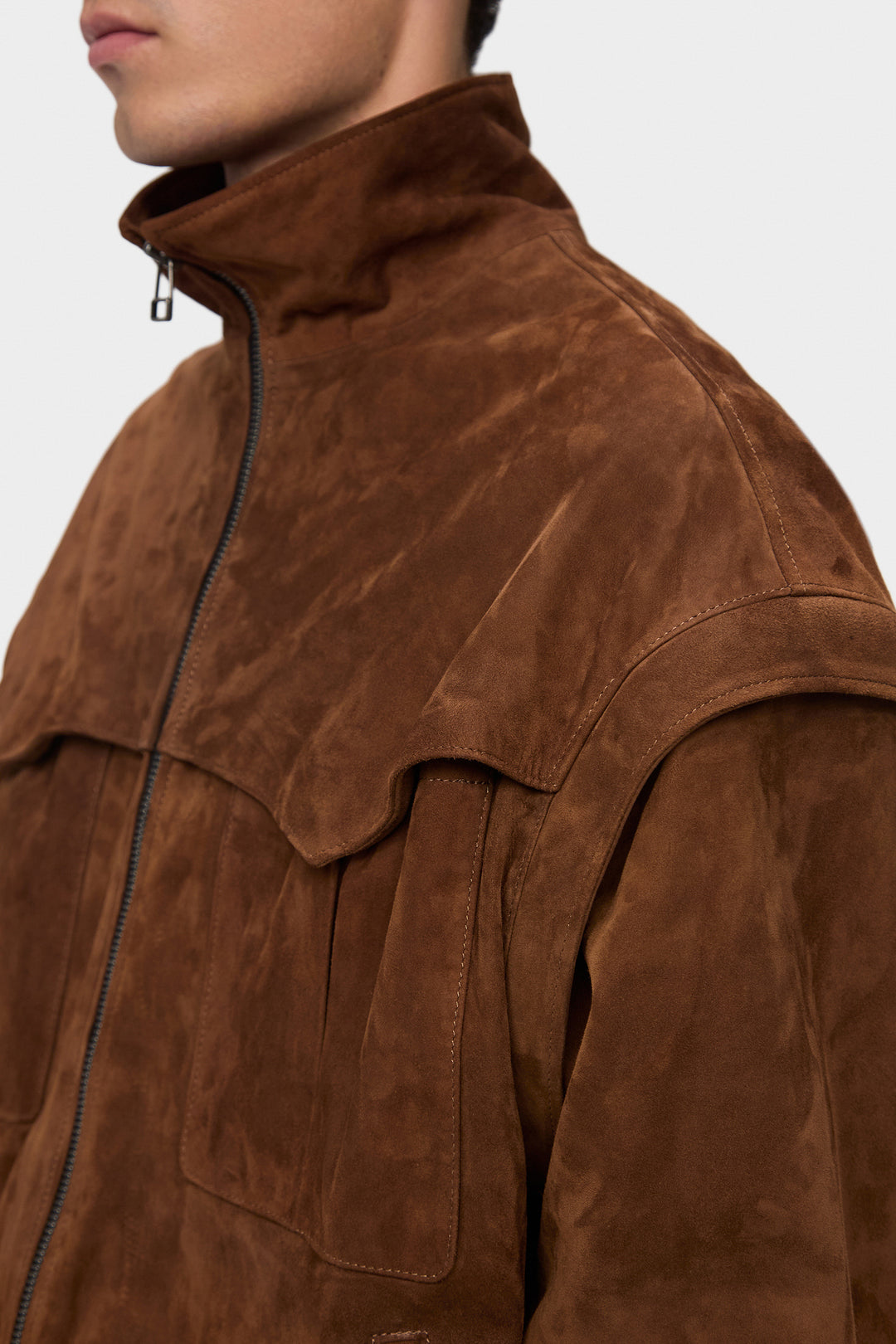 RACHEL ELONGATED TRANSFORMABLE SUEDE BOMBER JACKET IN WHISKEY BROWN