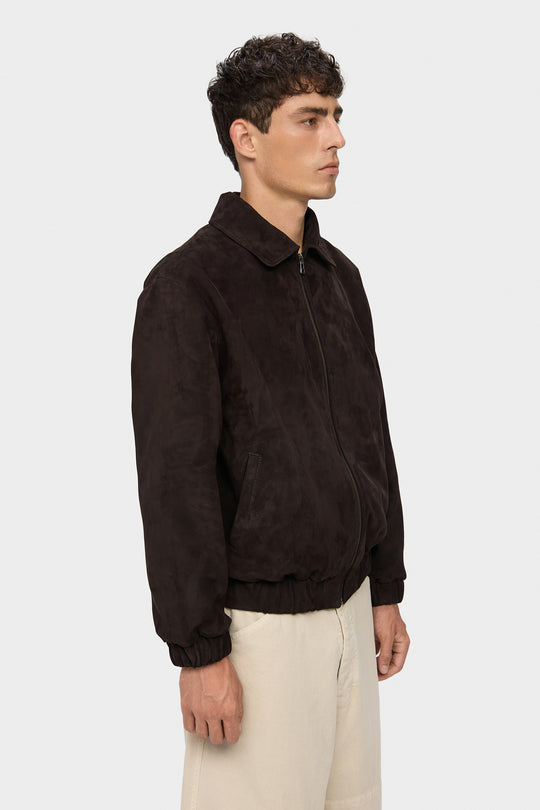 SAM PLAIN SUEDE BOMBER JACKET IN DARK BROWN