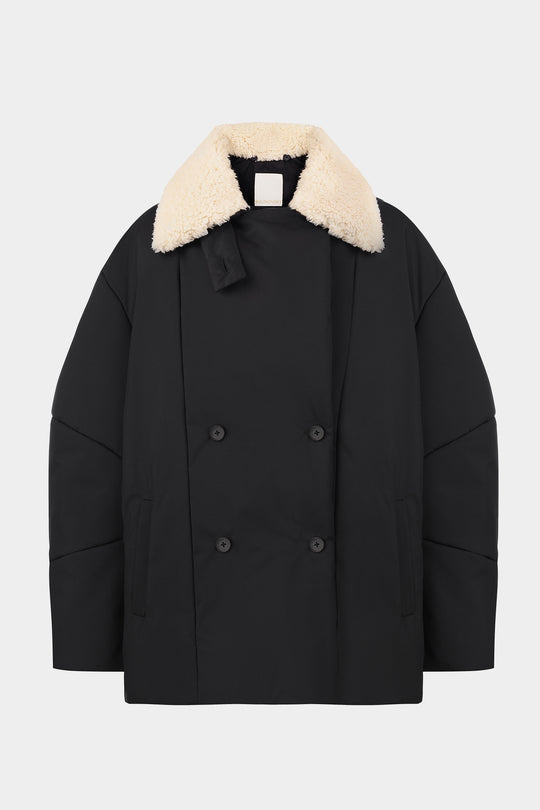 OSTIN ELONGATED PUFFER JACKET WITH DETACHABLE SHEARLING COLLAR IN BLACK