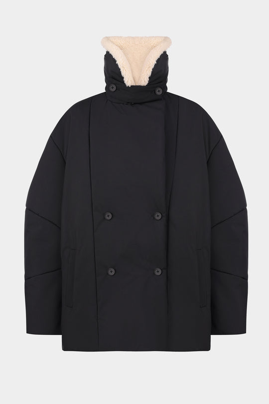 OSTIN ELONGATED PUFFER JACKET WITH DETACHABLE SHEARLING COLLAR IN BLACK