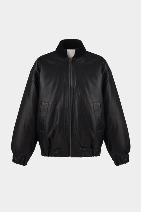 AARON LEATHER PUFFER JACKET WITH SHEARLING COLLAR IN BLACK